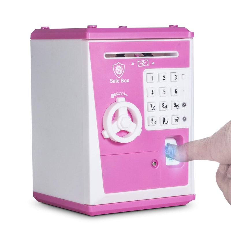 LIKE Toy Piggy Bank Safe Box Fingerprint ATM Bank ATM Machine Money Coin Savings Bank for Kids Pink - Image 1